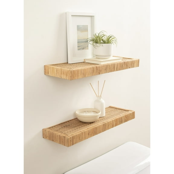 Kate and Laurel Rahmati Modern Rattan Floating Shelves, Set of 2, 24 x 8, Natural Rattan, Boho Bathroom and Kitchen Shelves for Above Toilet or Cute Nursery Bookshelves