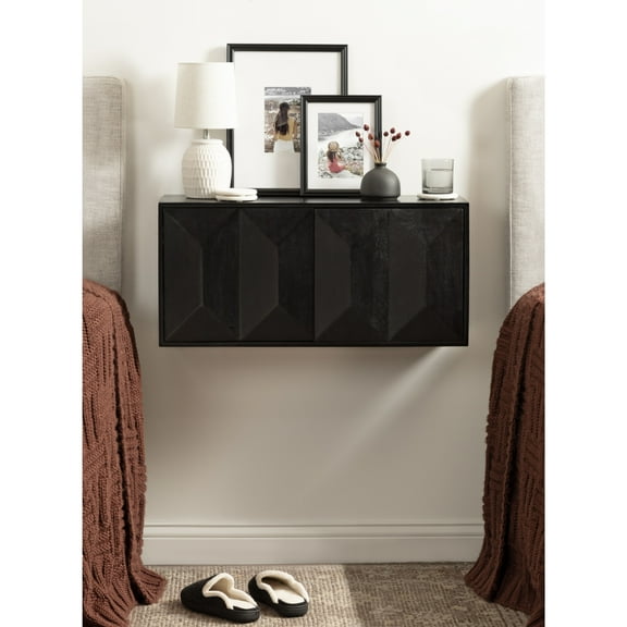 Kate and Laurel Ranier Modern Wooden Two-Door Wall Cabinet, 30 x 10 x 14, Black, Decorative Storage Cabinet with Dimensional Face for Use as Floating Nightstand or Floating TV Shelf