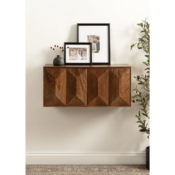 Kate and Laurel Ranier Modern Wooden Two-Door Wall Cabinet, 30 x 10 x 14, Walnut Brown, Decorative Storage Cabinet with Dimensional Face for Use as Floating Nightstand or Floating TV Shelf