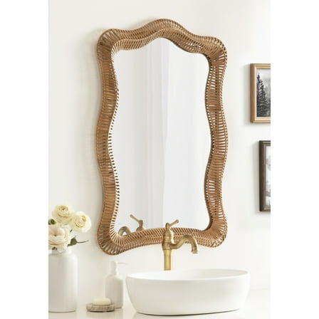 Kate and Laurel Rashana Boho Scalloped Arch Rattan Wall Mirror, 26 x 38, Natural Rattan, Modern Decorative Wavy Mirror with Authentic Rattan Frame for Bathroom Mirror or Statement Mantel Mirror