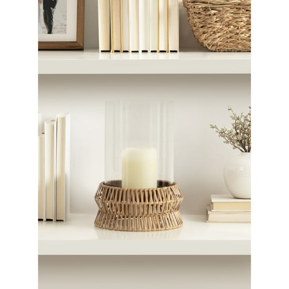Kate and Laurel Rashana Modern Boho Rattan Pillar Candle Holder, 8 x 8 x 11, Natural, Coastal Hurricane Candle Holder with Glass Cylinder for Living Room Decor