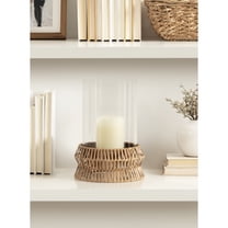Kate and Laurel Rashana Modern Boho Rattan Pillar Candle Holder, 8 x 8 x 11, Natural, Coastal Hurricane Candle Holder with Glass Cylinder for Living Room Decor
