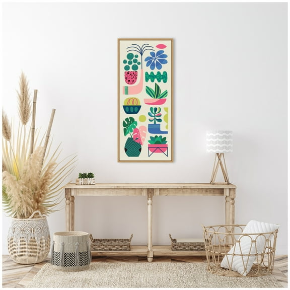 Kate and Laurel Retro Bright Floral and Succulent Tall Narrow Framed Canvas Wall Art by Rachel Lee 18 x 40 Sylvie Natural, Modern Contemporary, Abstract, Flowers Art for Wall Decor, Living Room