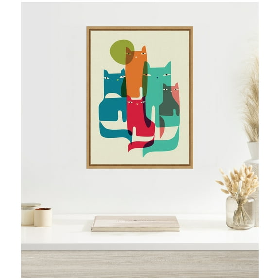 Kate and Laurel Retro Cats Under The Moon Framed Canvas Wall Art  by Rachel Lee 18 x 24 Sylvie Natural, Whimsical, Abstract, Animals Art for Wall Decor, Living Room Bedroom