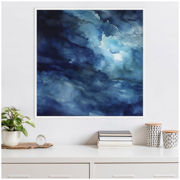 Kate and Laurel Rich Blue Watery Abstract Framed Canvas Wall Art by The Creative Bunch Studio 30 x 30 Sylvie White, Coastal, Abstract, Landscapes Art for Wall Decor, Living Room, Bedroom