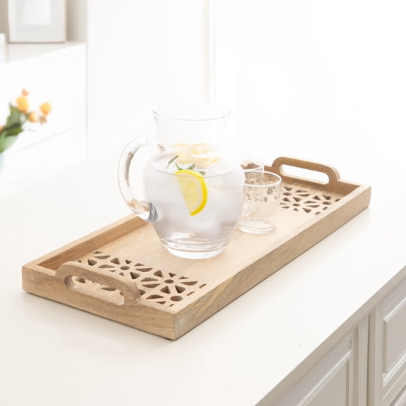 Kate and Laurel Rodcliff Modern Mango Wood Rectangle Tray with Handles, 10 x 24, Light Natural, Transitional Lattice Carved Rectangular Tray for Use as Entryway Tray Decor or Ottoman Serving Tray
