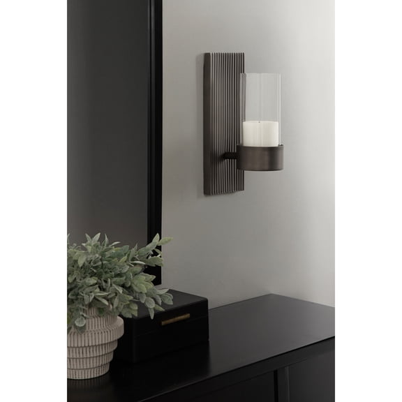 Kate and Laurel Rooks Modern Ribbed Metal Wall Sconce, 5 x 6 x 12, Gunmetal, Rectangular Wall Candle Holder with Removable Glass Cylinder for Flameless Candle Display in Bedroom or Bathroom