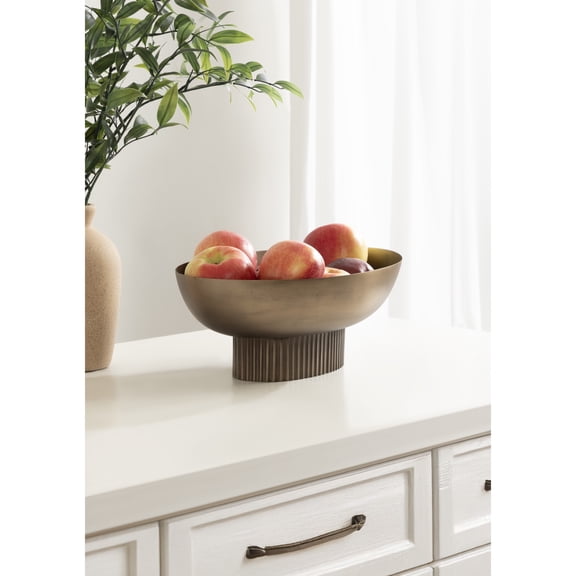Kate and Laurel Rooks Ribbed Decorative Oval Metal Bowl, 14 x 9 x 5, Antique Brass, Modern Raised Fruit Bowl for Kitchen Counter or Use as a Key Bowl for an Entryway Table