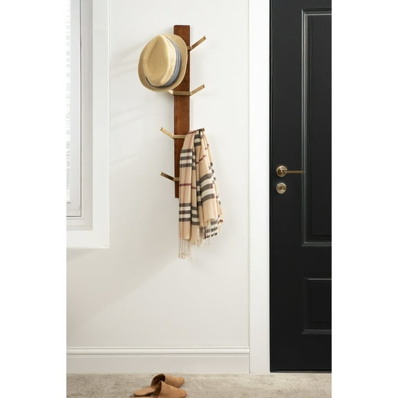Kate and Laurel Rossmore Modern 4-Hook Vertical Wall Hanging Coat Rack, Walnut Brown and Gold, Decorative Mid-Century Wood and Metal Coat Tree Hanging Hooks for Wall-Mounted Storage