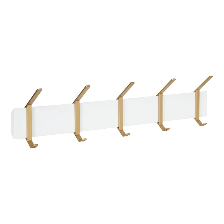 Kate and Laurel Rossmore Modern 5 Hook Wall Hanging Coat Rack White and Gold Decorative Modern Wood and Metal Double Sided Hanging Hooks for Wall