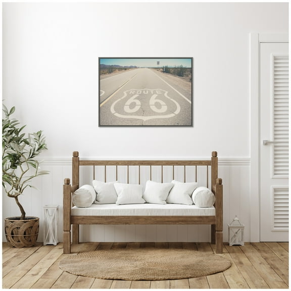 Kate and Laurel Route 66 Framed Canvas Wall Art by Laura Evans 38 x 28 Sylvie Dark Grey, Vintage, Americana, Landscapes, Transportation Art for Wall Decor, Living Room Bedroom