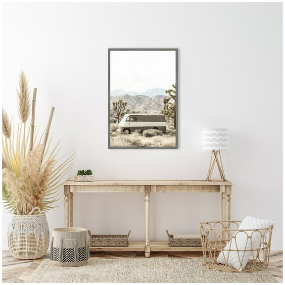 Kate and Laurel Rustic Desert Vintage Van in Joshua Tree Framed Canvas Wall Art  by Saint and Sailor Studios 23 x 33 Sylvie Greywash, Farmhouse, Landscapes, Nature, Transportation Art for Wall Decor