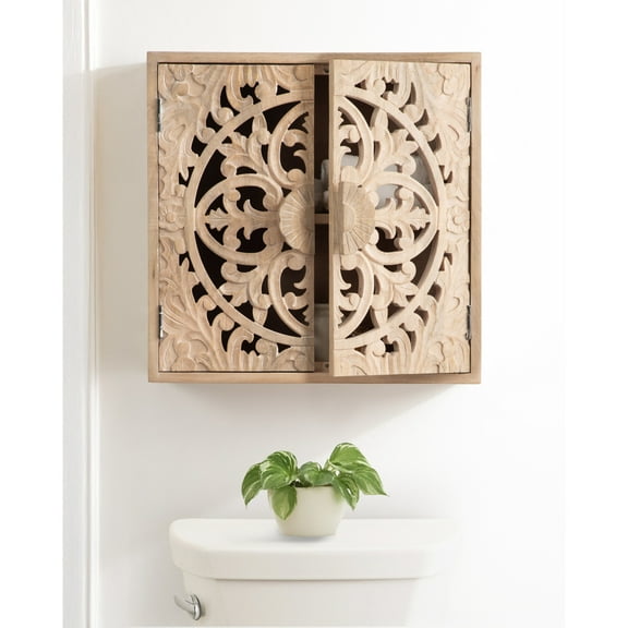 Kate and Laurel Saanvi Traditional Carved Wood Wall Cabinet, 20 x 6 x 20, Light Natural, Dimensional Over the Toilet Storage Cabinet for Bathroom Storage and Display