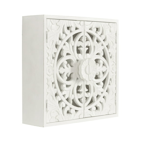 Kate and Laurel Saanvi Traditional Carved Wood Wall Cabinet, 20 x 6 x 20, White, Dimensional Over the Toilet Storage Cabinet for Bathroom Storage and Display