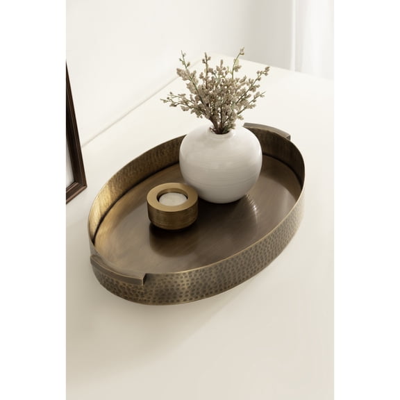Kate and Laurel Samana Modern Oval Metal Tray, 16 x 10, Brass, Polished Decorative Serving Tray with Hammered Surface for Use as Ottoman Tray or Entryway Decor