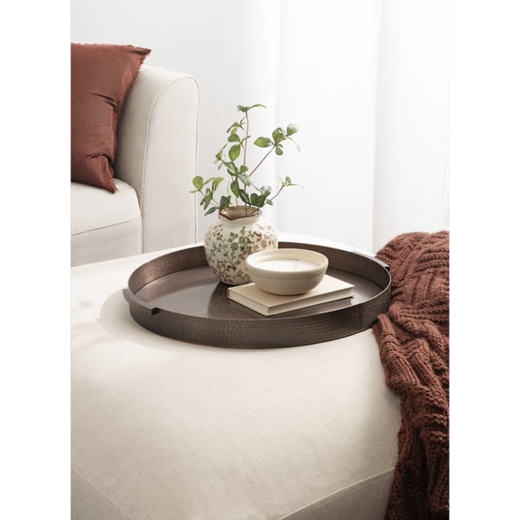 Kate and Laurel Samana Modern Round Metal Ottoman Tray, 20 x 19, Bronze, Transitional Circle Serving Tray with Hammered Surface for Use as Decorative Tray or Entryway Decor