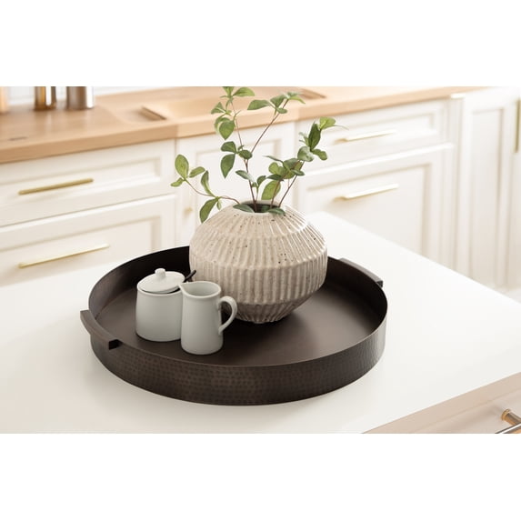 Kate and Laurel Samana Modern Round Metal Tray, 17 Inch Diameter, Bronze, Polished Decorative Circle Tray with Hammered Surface for Use as Ottoman Tray or Serving Tray