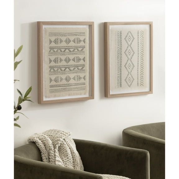 Kate and Laurel Samori Transitional Two-Piece Framed Textile Art Set, 16 x 20, Natural, Modern Printed Linen Shadow Box for Use as Gallery Wall Decor or Tribal Wall Art Set