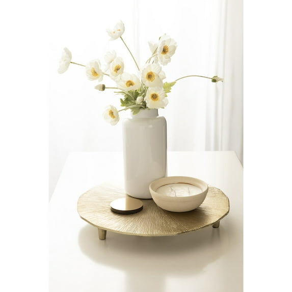 Kate and Laurel Sancia Decorative Round Embossed Metal Tray with Feet, 16 Inch Diameter, Gold, Modern Circle Footed Coffee Table Tray for Use as Kitchen Counter Display or Living Room Decor Accent