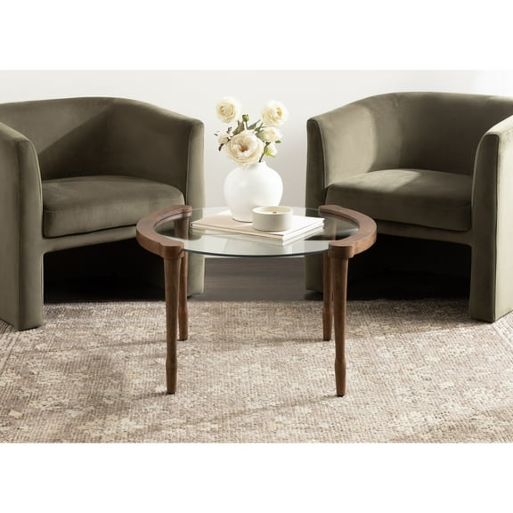 Kate and Laurel Santoro Mid-Century Modern Floating Glass Round Coffee Table, 28 x 26 x 18, Walnut Brown, Transitional Circle Living Room Table with Tempered Glass Tabletop and Mango Wood Legs