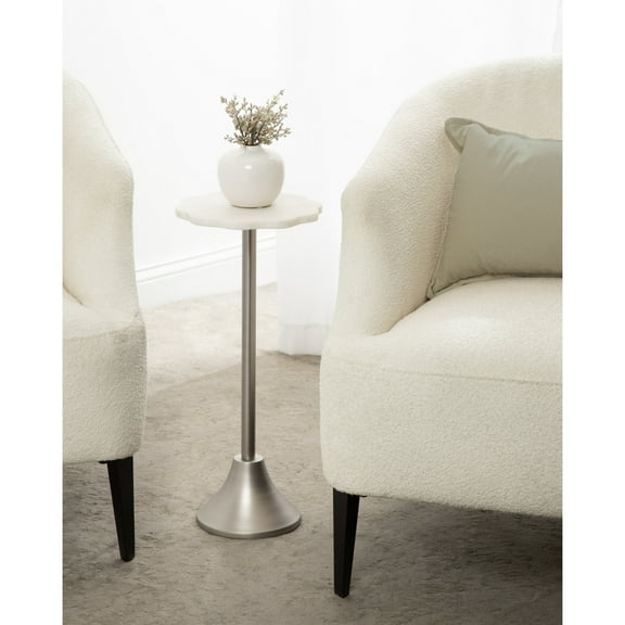 Kate and Laurel Sanzo Modern Pedestal Drink Table, 10 x 10 x 23, White Marble and Silver, Decorative End Table with Scalloped Marble Tabletop for Use as Small Plant Stand or Cute Martini Table