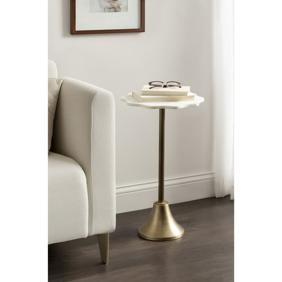 Kate and Laurel Sanzo Modern Round Side Table, 14 x 14 x 24, White Marble and Antique Brass, Decorative Circle End Table with Scalloped Marble Tabletop for Indoor Plant Stand or Bedroom Nightstand