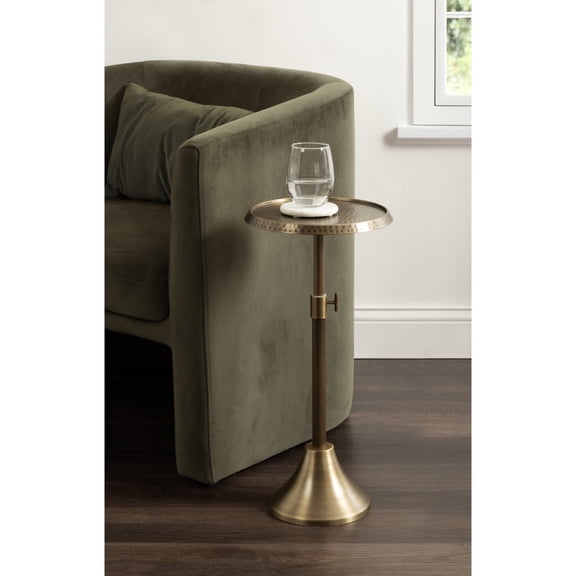 Kate and Laurel Sanzo Traditional Adjustable-Height Pedestal Drink Table, 11 x 11 x 30, Antique Brass, Vintage Round Indoor Metal Cocktail Table with Hammered Tabletop for Use as Indoor Plant Stand