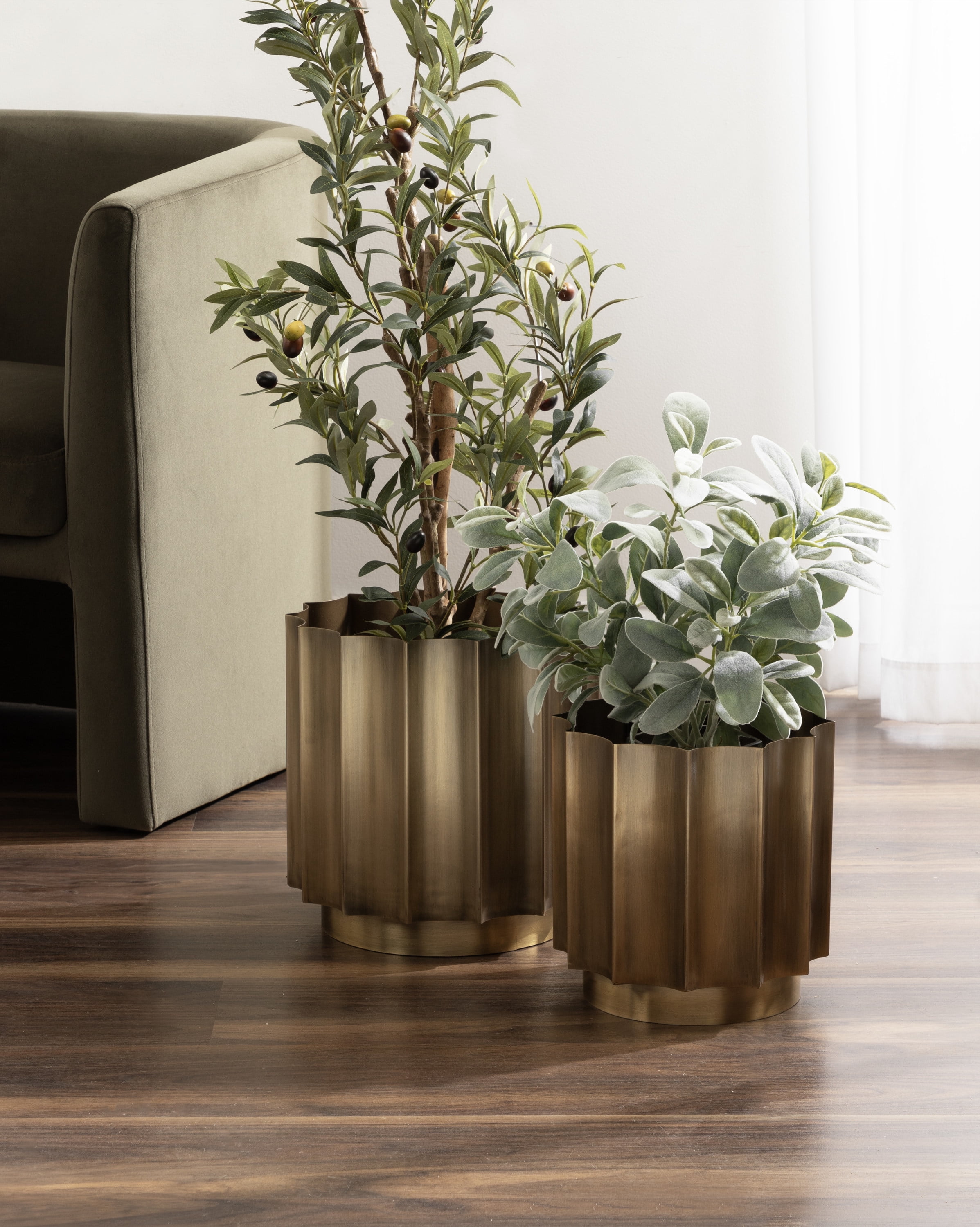 Antique Brass Geometric Scalloped Metal Planter Set, 2-Piece