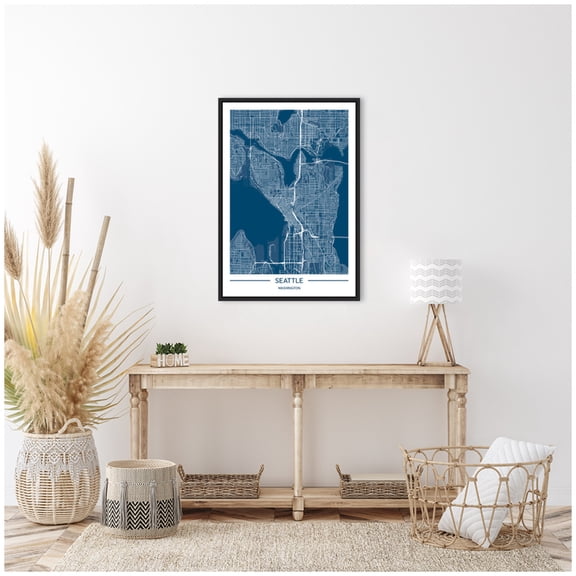Kate and Laurel Seattle Map Framed Canvas Wall Art by Jacob Goossen 23 x 33 Sylvie Black, Modern Contemporary, Maps Art for Wall Decor, Living Room Bedroom