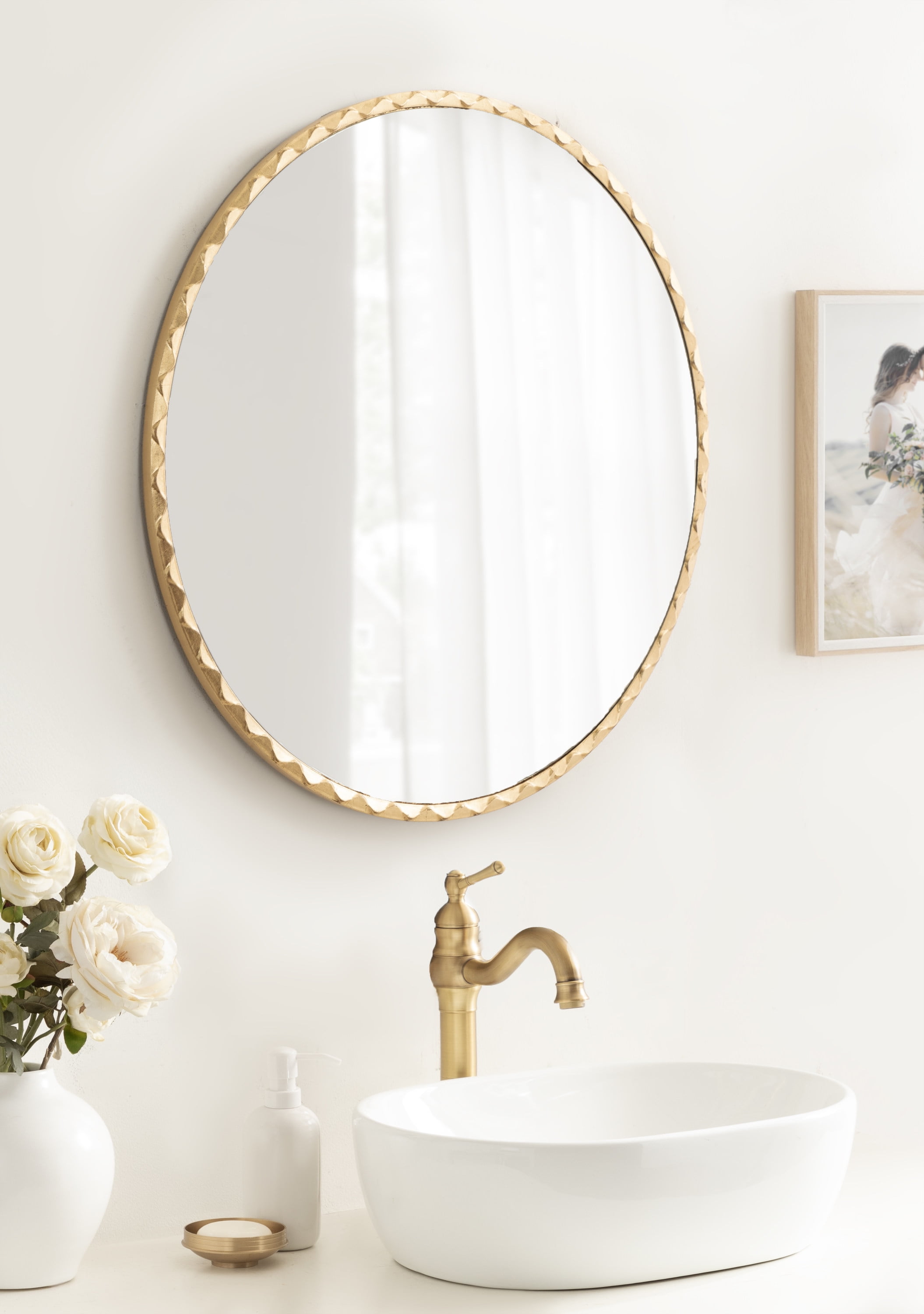 Sebecka 26" Round Gold Leaf Wooden Vanity Mirror