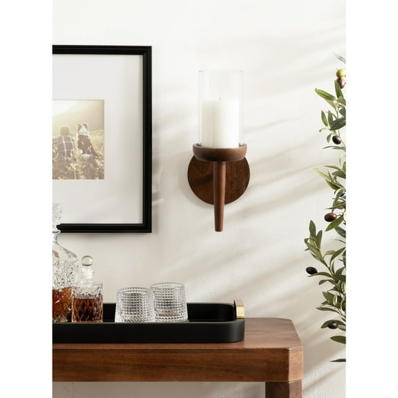 Kate and Laurel Shae Transitional Wooden Wall Sconce, 5 x 5 x 13, Walnut Brown, Modern Candle Holder with Removable Glass Cylinder for Flameless Pillar Candles in Bedroom or Entryway
