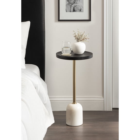 Kate and Laurel Shorrock Round Mango Wood Side Table, 12 x 12 x 24, Black, Gold, and White Marble, Modern Pedestal End Table with Marble Base for Bedroom Nightstand or Living Room Plant Stand