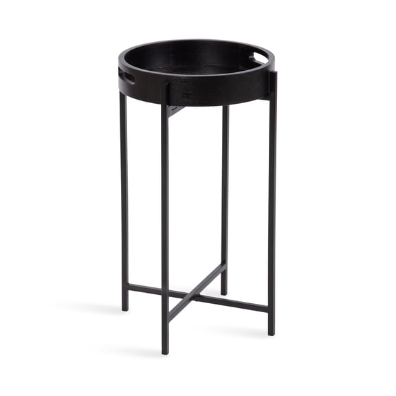 Kate and Laurel Smita Metal and Wood Round Accent Tray Table, 14 x 14 x 24, Black, Transitional Small Nightstand Table with a Woven Cane Tray Tabletop or a TV Table for Eating