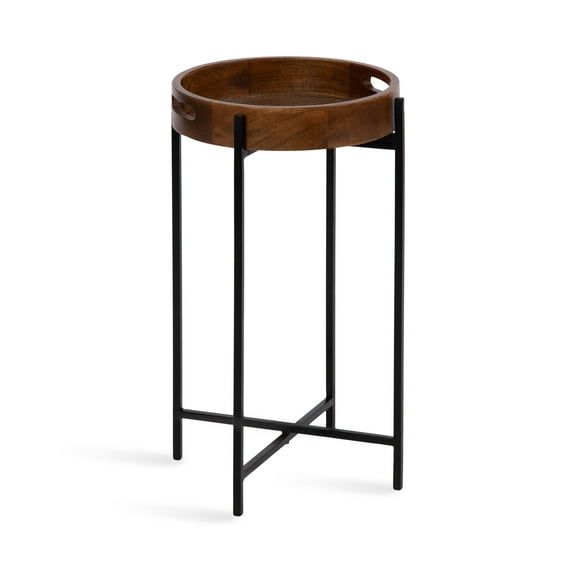 Kate and Laurel Smita Metal and Wood Round Accent Tray Table, 14 x 14 x 24, Black, Transitional Small Nightstand Table with a Woven Cane Tray Tabletop or a TV Table for Eating