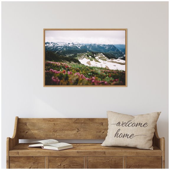 Kate and Laurel Snow Covered Mountain Landscape Framed Canvas Wall Art by Patricia Rae 33 x 23 Sylvie Natural, Rustic Farmhouse, Landscapes, Nature Art for Wall Decor, Living Room Bedroom