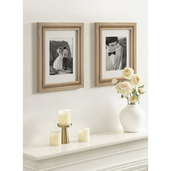 Kate and Laurel Sorell Modern Beaded Coastal Picture Frame Set of 2, 11 x 14 matted to 8 x 10, Natural Wood, Boho Two-Piece Glass Photo Frame Set for Gallery Wall Design in Living Room Wall Decor