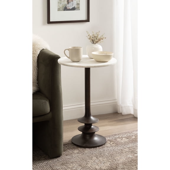 Kate and Laurel Squires Modern Marble Round Side Table, 16 x 16 x 24, White Marble and Dark Brown, Marble Top Circle End Table for Use as a Bedroom Nightstand or Living Room Plant Stand Option