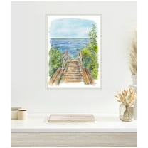 Kate and Laurel Stariway to Beach Cape Cod Framed Canvas Wall Art by Patricia Shaw 18 x 24 Sylvie Beaded White, Coastal, Beach, Landscapes, Nature Art for Wall Decor, Living Room, Bedroom