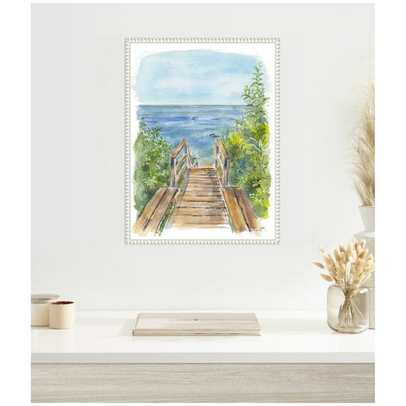 Kate and Laurel Stariway to Beach Cape Cod Framed Canvas Wall Art by Patricia Shaw 18 x 24 Sylvie Beaded White, Coastal, Beach, Landscapes, Nature Art for Wall Decor, Living Room, Bedroom