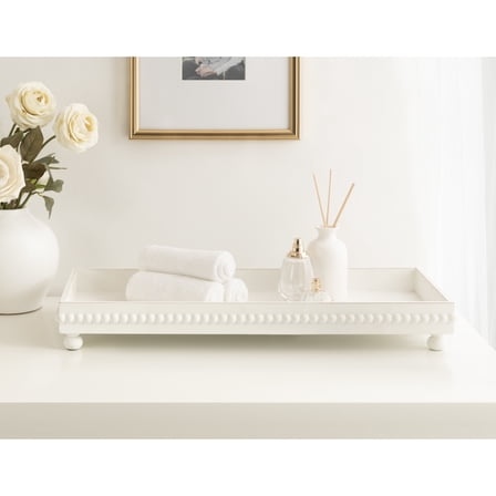 Kate and Laurel Strahm Rectangle Wooden Beaded Display Tray, 10 x 24, White, Lightly Distressed Wood Decorative Footed Tray for Use as Useful Ottoman Tray or Kitchen Serving Tray