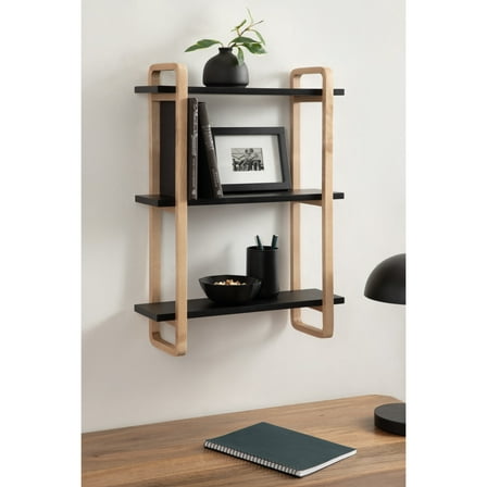 Kate and Laurel Summit Modern Three-Tier Wall Shelf, 18 x 6 x 25, Black and Natural Wood, Transitional Decorative Multi-Tiered Storage Shelf Wall Organizer for Decor and Display