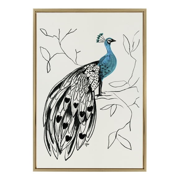 Kate and Laurel Sylvie 658 Peacock Framed Linen Textured Canvas Wall Art by Teju Reval of SnazzyHues, 23x33 Gold, Decorative Modern Animal Art Print for Wall