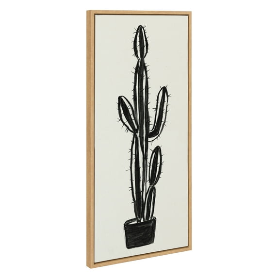 Kate and Laurel Sylvie 664 Cactus In Pot BW Framed Canvas Wall Art by Teju Reval of SnazzyHues, 18x40 Natural, Modern Botanical Cactus Wall Decor Artwork
