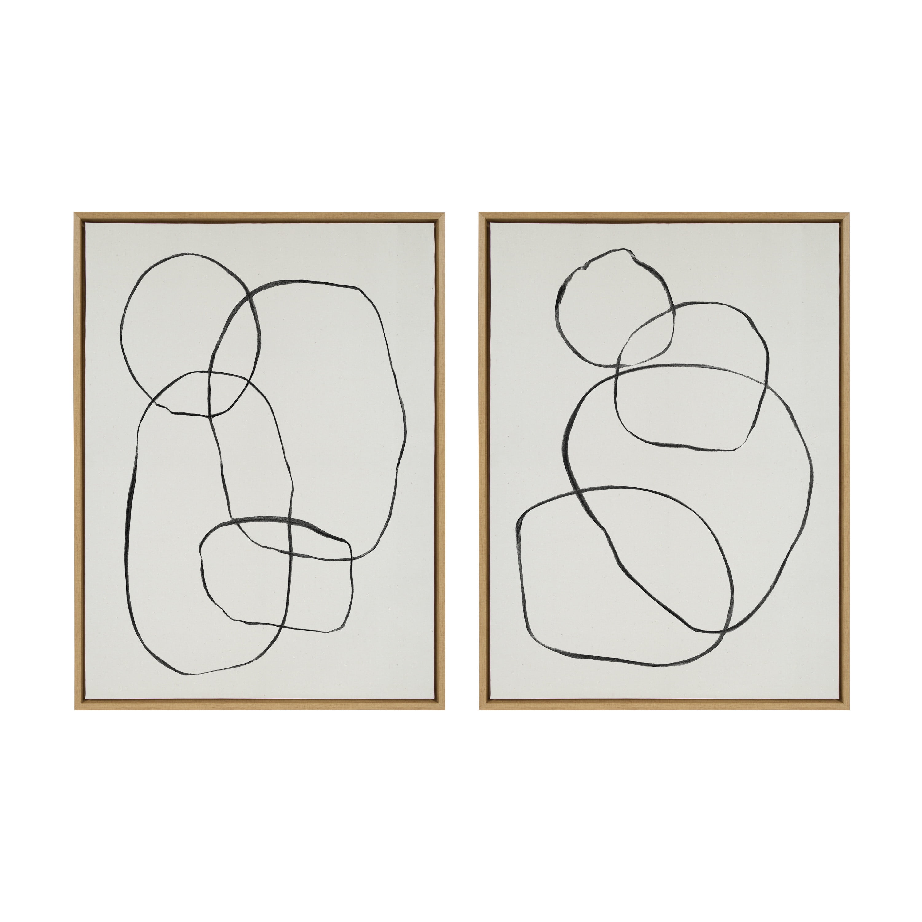 Natural Abstract Black Line Art on Canvas Set of 2
