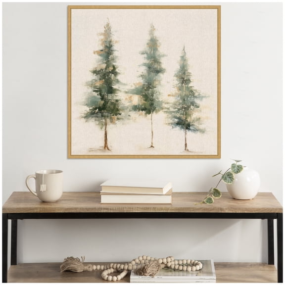 Kate and Laurel Sylvie Abstract Forest Evergreen Trees Framed Canvas Wall Art by The Creative Bunch Studio 30 x 30 Gold, Rustic Farmhouse, Abstract, Landscapes, Nature Art for Wall Decor, Living Room