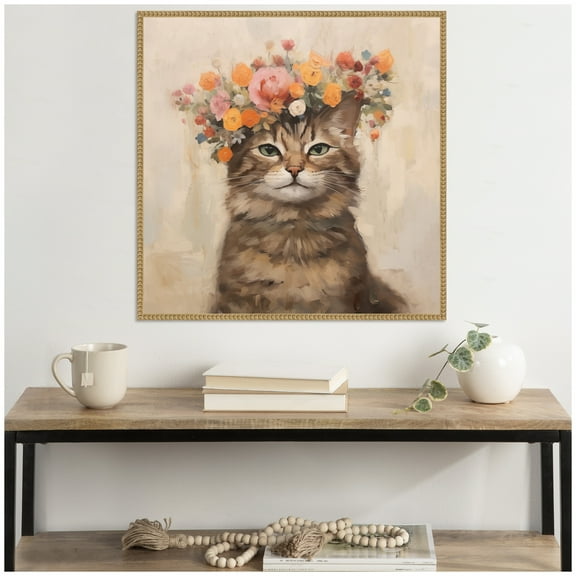 Kate and Laurel Sylvie Adorable Floral Boho Cat Framed Canvas Wall Art by The Creative Bunch Studio 30 x 30 Beaded Natural, Bohemian Boho, Animals, Flowers, Nature Art for Wall Decor, Living Room
