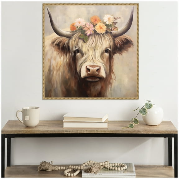 Kate and Laurel Sylvie Adorable Floral Boho Highland Cow Framed Canvas Wall Art by The Creative Bunch Studio 30x30 Beaded Natural, Bohemian Boho, Animals, Flower Art for Wall Decor, Living Room