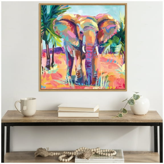 Kate and Laurel Sylvie African Elephant In Orange Framed Canvas Wall Art by Rachel Christopoulous 30 x 30 Natural, Whimsical, Abstract, Animals, Landscapes, Nature, Tropical Decor, Living Room