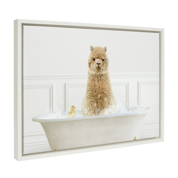 Kate and Laurel Sylvie Alpaca In Bubble Bath Neutral Style Framed Canvas Wall Art by Amy Peterson Art Studio, 18x24 White, Minamlist Animal Art for Bathroom, Laundry