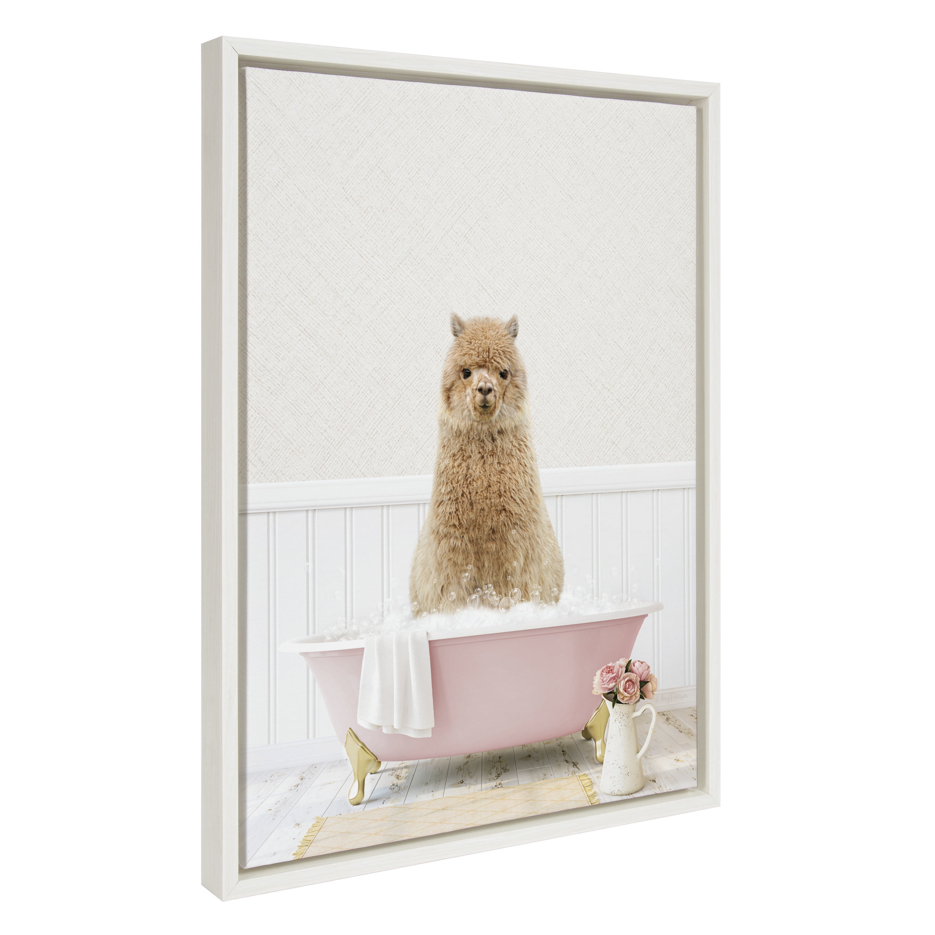 Whimsical Alpaca in Pink Bathtub Framed Canvas Art, 18x24